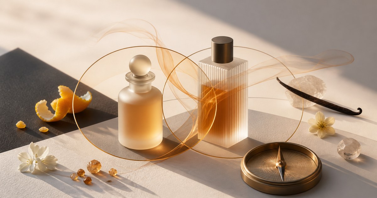 Abstract fragrance bottle, scent trail and compass in warm ivory and amber tones